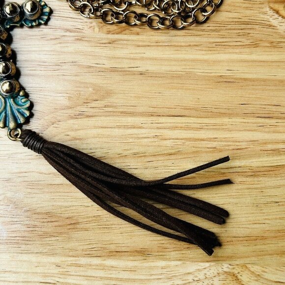 VTG Pendant Necklace 30" Christian‎ Cross Gunmetal Chain Leather Tassel Chunky - Picture 4 of 9